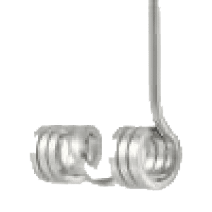 A pair of metal earbuds with wires hanging from the side.
