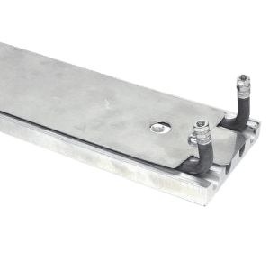 A metal piece of equipment with two rubber feet.