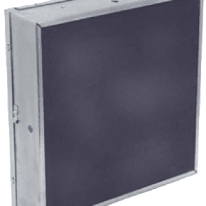 A square metal box with a black cover.