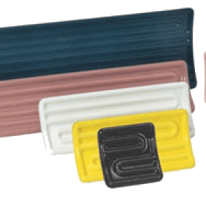 A group of different colored trays sitting on top of each other.