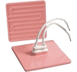 A pink square with two wires attached to it.