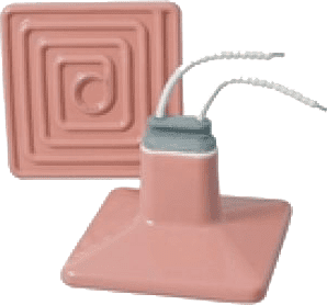A pink square shaped object with a white handle.