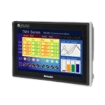 A tablet computer with a screen showing the time and temperature.