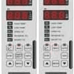 Two electronic devices with red buttons and a white background.