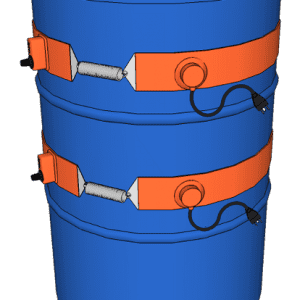 A blue barrel with orange straps on top.
