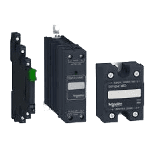 A group of three black relays on top of green background.