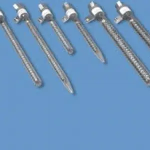 A group of seven thermometers on top of a blue background.