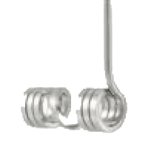 A pair of metal earbuds with wires hanging from the side.