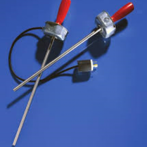 A pair of red and white electrical wires on top of blue surface.