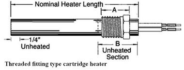 A drawing of a cartridge heater with the heating element length and width.