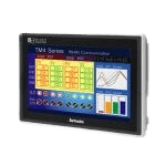 A tablet computer with a screen showing the time and temperature.