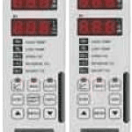 Two electronic devices with red buttons and a white background.