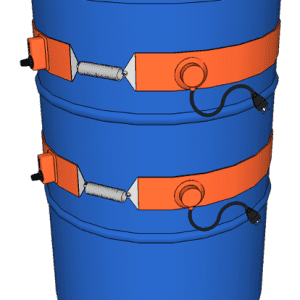 A blue barrel with orange straps on top.