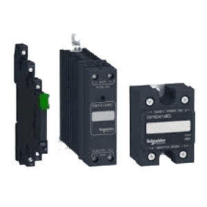 A group of three black relays on top of green background.