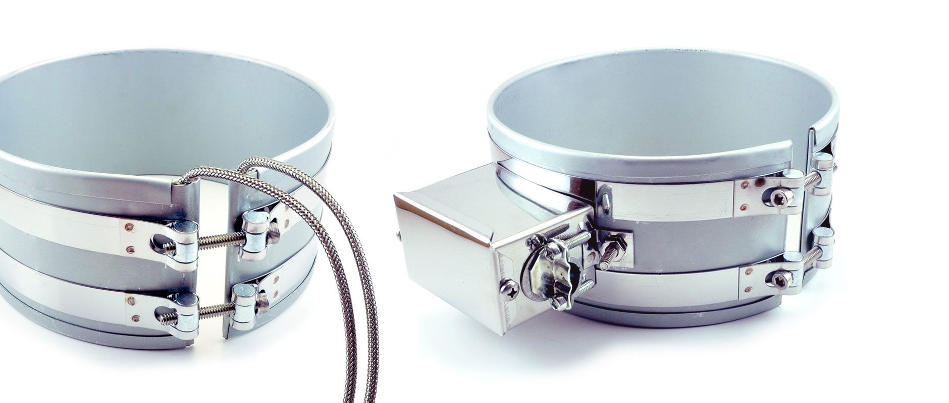 Two silver band heaters on white background.